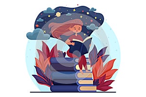 Girl reading an interesting book, sitting on a stack of books, reading